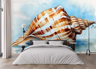 Delicate seashell watercolor on tranquil blue and white backdrop, showcasing light brown hues and elegant white stripes Wall mural