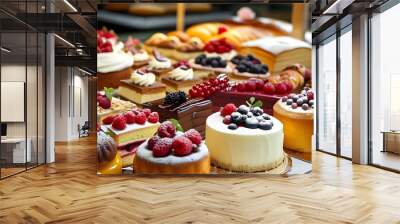 Delicious array of cakes showcased in a charming bakery setting Wall mural