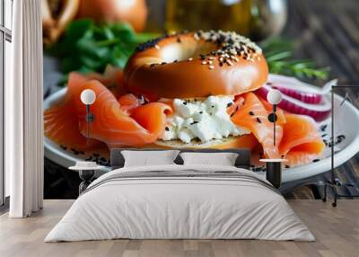 Delicious bagel topped with smoked salmon, cream cheese, red onions, capers, and black sesame seeds on a pristine white plate Wall mural