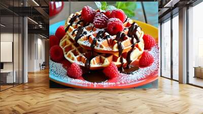 Delicious Belgian waffle topped with fresh raspberries, drizzled with chocolate syrup, and sprinkled with powdered sugar on a vibrant plate Wall mural