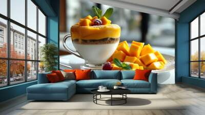 Delicious coffee and mango dessert artfully crafted, showcasing vibrant colors and textures against a clean white backdrop Wall mural