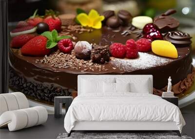 Delicious display of decadent chocolate cakes in a charming retail setting Wall mural