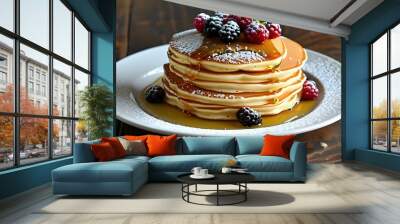 Delicious fluffy pancakes adorned with fresh berries, a dusting of powdered sugar, and drizzling maple syrup on a pristine white plate Wall mural