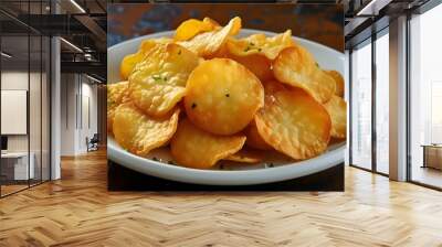 Delicious golden crispy potato chips served on an elegant snack plate Wall mural