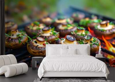 Delicious grilled portobello mushrooms showcasing the joy of outdoor cooking and healthy vegetarian cuisine during summer grilling sessions Wall mural