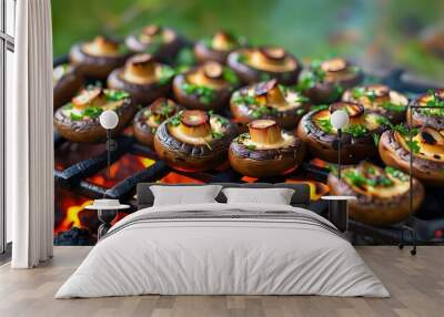 Delicious grilled portobello mushrooms showcasing the joy of outdoor cooking and healthy vegetarian cuisine during summer grilling sessions Wall mural