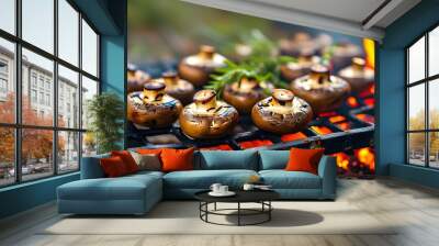 Delicious grilled portobello mushrooms showcasing the joy of outdoor cooking and healthy vegetarian cuisine during summer grilling sessions Wall mural