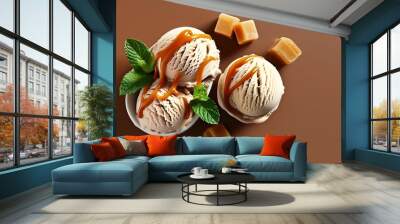 Delicious ice cream scoop drizzled with caramel against a rich brown backdrop, perfect for summer lifestyle promotions and enticing dessert menus Wall mural