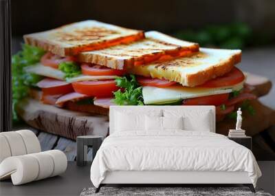 Delicious layered sandwich filled with fresh ingredients and vibrant colors Wall mural