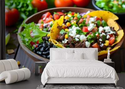 Delicious taco salad with seasoned ground beef, fresh vegetables, shredded cheese, black beans, all served in a crispy tortilla bowl Wall mural