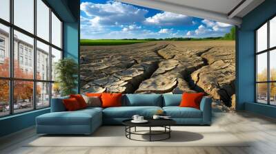 Desolate farmland with cracked dry soil beneath a clear blue sky in a serene rural agricultural landscape Wall mural