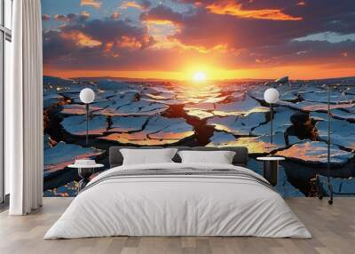 Desolate landscape at sunset featuring cracked globe symbolizing environmental destruction and climate change Wall mural