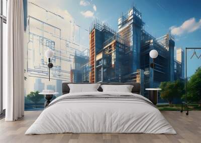 Detailed architectural blueprints illustrating technical precision and intricate designs for construction projects Wall mural