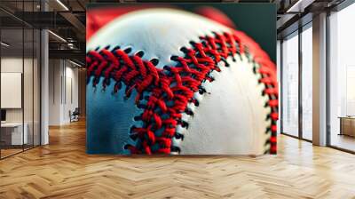 Detailed baseball illustration with vivid red stitching and ample copy space, featuring rich depth of field for visual impact Wall mural