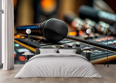 Detailed view of a microphone positioned on a soundboard with intricate controls and knobs Wall mural