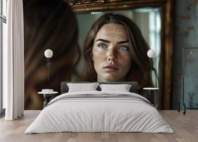 Determined woman with freckles gazes into mirror, blue eyes reflecting strength and self-awareness Wall mural