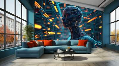 Digital avatar navigating a vibrant web of interconnected luminous lines and intricate architectural forms Wall mural