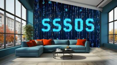 Digital blue matrix code illustrating SAAS, representing the innovative essence of Software as a Service in a tech-driven world Wall mural