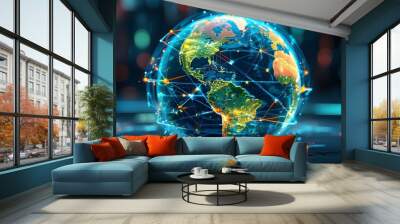 Digital globe illustrating global network connections and communication links, representing worldwide connectivity and data exchange Wall mural