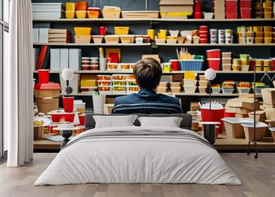 dismal office scene depicting hazards of a sedentary lifestyle and unhealthy eating choices amid a sea of fast food clutter Wall mural