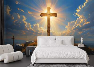 Divine Radiance over the Holy Cross on Golgotha at Sunset Wall mural