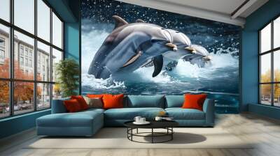 Dolphins and Humans in Perfect Harmony: Synchronized Swimming in a Vibrant Aquatic Wonderland Wall mural