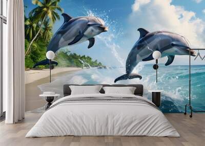 Dolphins leaping above waves with a stunning tropical beach and vibrant blue sky in the background Wall mural