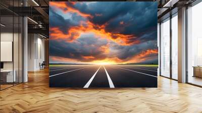 Dramatic empty athletic track under stormy skies capturing the dynamic and inspiring essence of sports environments Wall mural