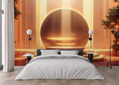 Dramatic light beams shining on a golden pedestal in a captivating atmosphere Wall mural