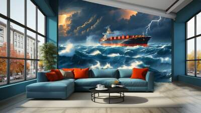 Dramatic Oil Tanker Ship Battling Through Turbulent Seas Amidst Stormy Weather and Striking Lightning Wall mural