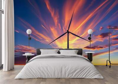 Dramatic silhouettes of wind turbines at sunset with a blurred, ethereal foreground capturing a serene landscape Wall mural