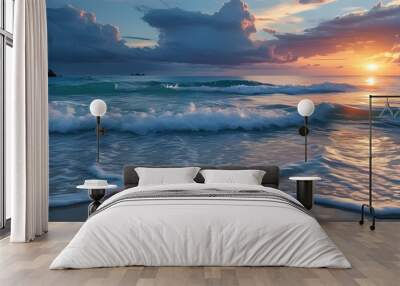 Dramatic Sunrise Over Crashing Waves at Serene Beach with Vibrant Seascape, Turquoise Ocean Waters, and Distant Cloudy Horizon for Coastal Nature and Travel Themes Wall mural