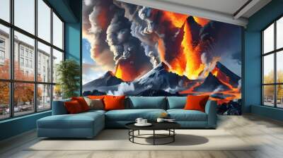 dramatic volcanic eruption with flowing lava, billowing smoke, and ash against a striking sky backdrop Wall mural