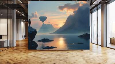 Dreamlike Dawn in a Surreal Mountain Landscape with a Man Gazing at Floating Islands Wall mural