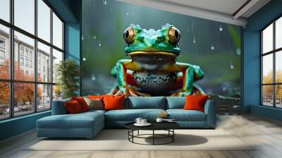 Dreamlike Frog Amidst a Rainy Wonderland Wall mural