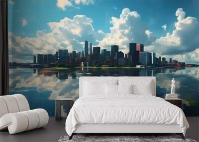 Dreamlike urban landscape where skyline, water, and clouds intertwine, showcasing a harmony between city life and nature in captivating digital artistry. Wall mural