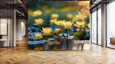 dreamy morning wildflower pond with yellow waterlilies and soft bokeh, capturing the essence of spring and summer in nature Wall mural