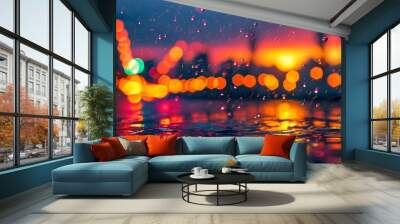 Dreamy sunset cityscape with cascading rain and vibrant bokeh lights illuminating the urban scene Wall mural