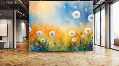 Dreamy Watercolor Abstract of a Dandelion Field in Nature Wall mural