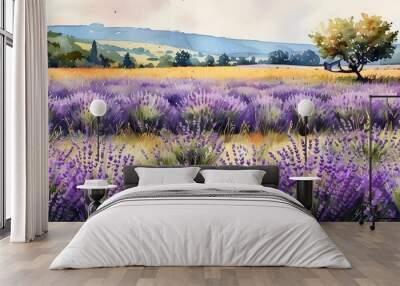 Dreamy watercolor landscape of a lavender flower field under a soft sky Wall mural