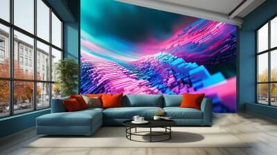 Dynamic abstract digital composition featuring vivid pixelated patterns and gradients in blue, purple, and pink hues Wall mural