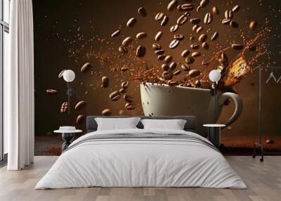 Dynamic capture of coffee beans cascading into a cup against a dark background, highlighting rich textures in a stunning still life composition Wall mural