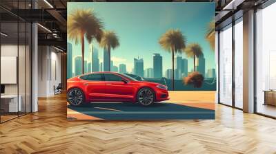 dynamic car advertising background with sleek vehicles and vibrant cityscape Wall mural