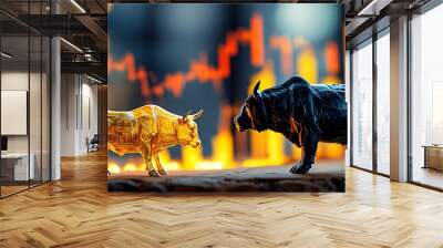 Dynamic clash of bull and bear symbols in financial markets, representing economic concepts and stock market fluctuations Wall mural