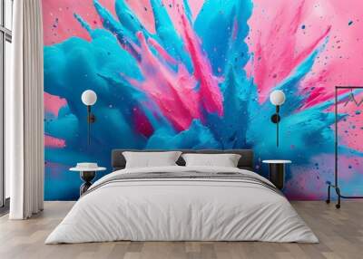 Dynamic collision of bright blue and vivid pink paint splashes creating an explosion of vibrant colors and energetic movement Wall mural