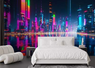 Dynamic cyberpunk cityscape illuminated by vibrant lights reflecting on wet surfaces, creating a captivating futuristic atmosphere. Wall mural