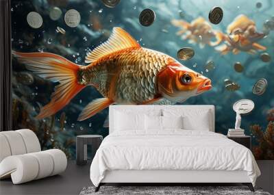 Dynamic dance of fish amidst flowing silver coins in a vibrant underwater landscape, representing wealth and abundance Wall mural