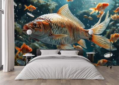 Dynamic dance of fish amidst flowing silver coins in a vibrant underwater landscape, representing wealth and abundance Wall mural