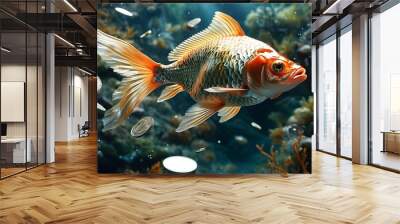 Dynamic dance of fish amidst flowing silver coins in a vibrant underwater landscape, representing wealth and abundance Wall mural