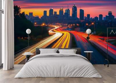 Dynamic dusk cityscape with vibrant light trails, showcasing an impressive urban skyline and towering high-rise buildings. Wall mural